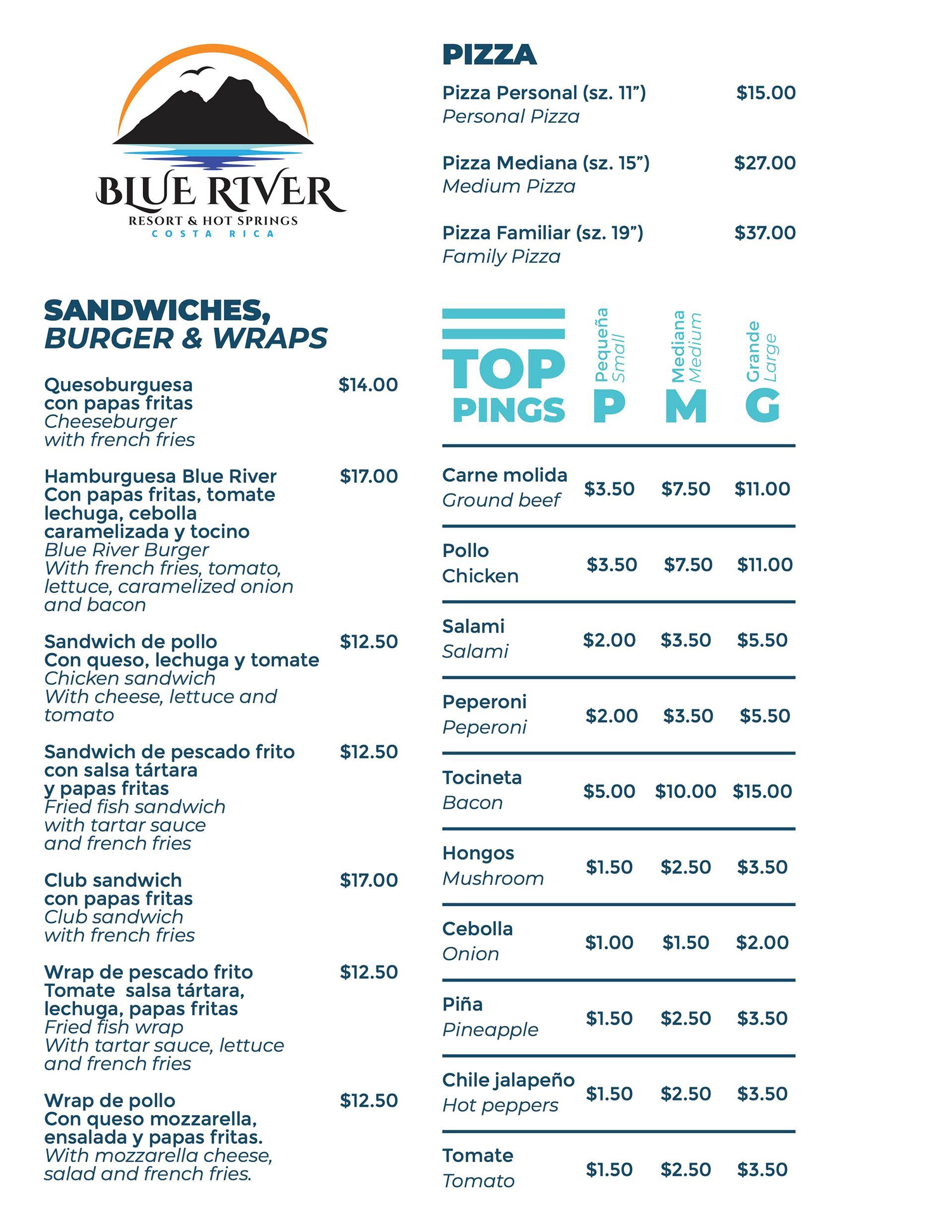 Menu with pizza, sandwiches, burgers, wraps. Blue River logo at top left. Price list on the right.