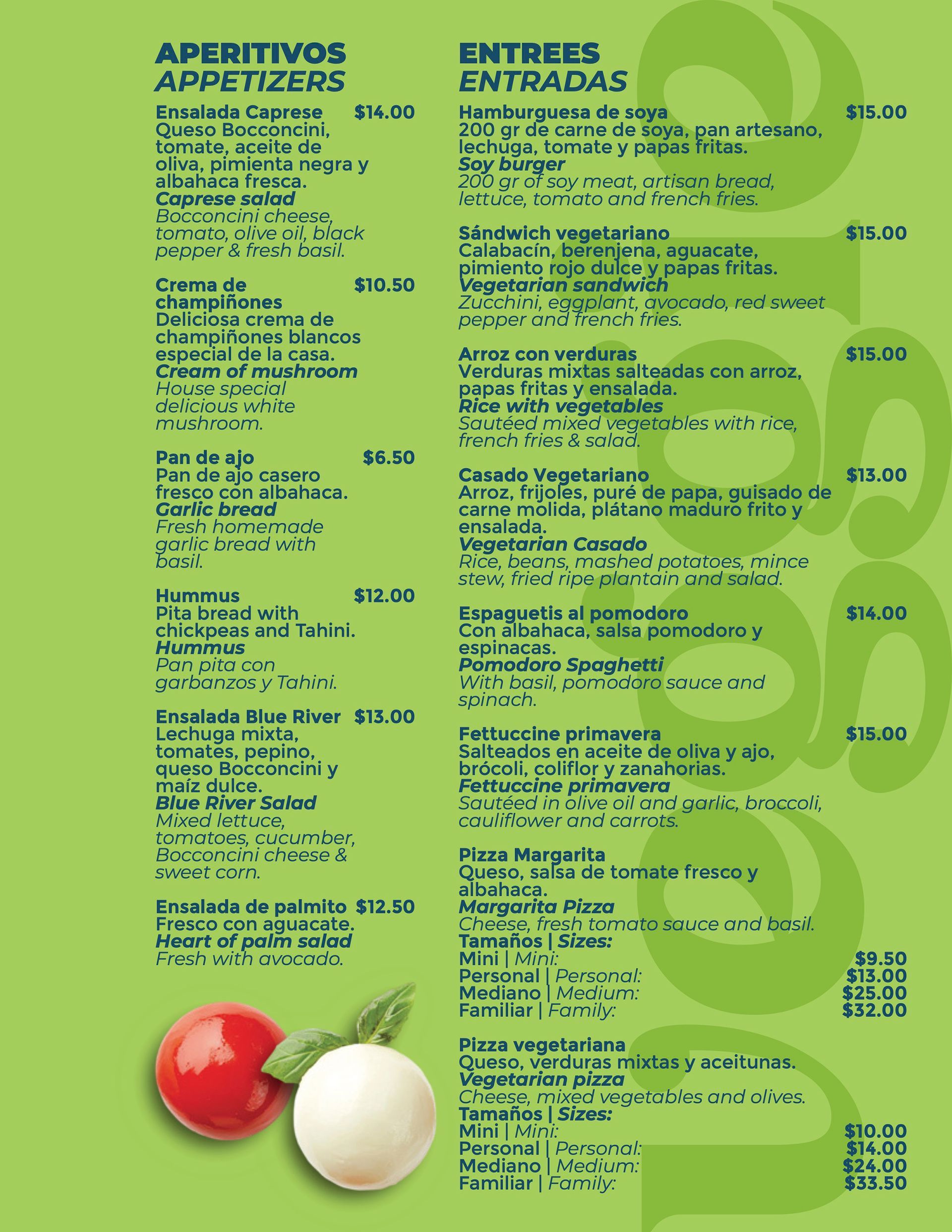 Menu with appetizers and entrees in Spanish, green background, red tomato, white mozzarella, and basil.