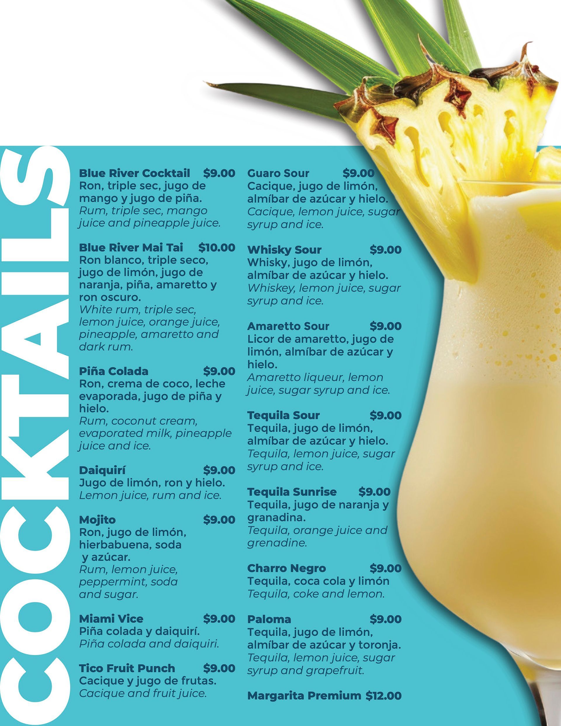 Cocktails menu with a pineapple drink on the right. Blue and white text, on a teal background.