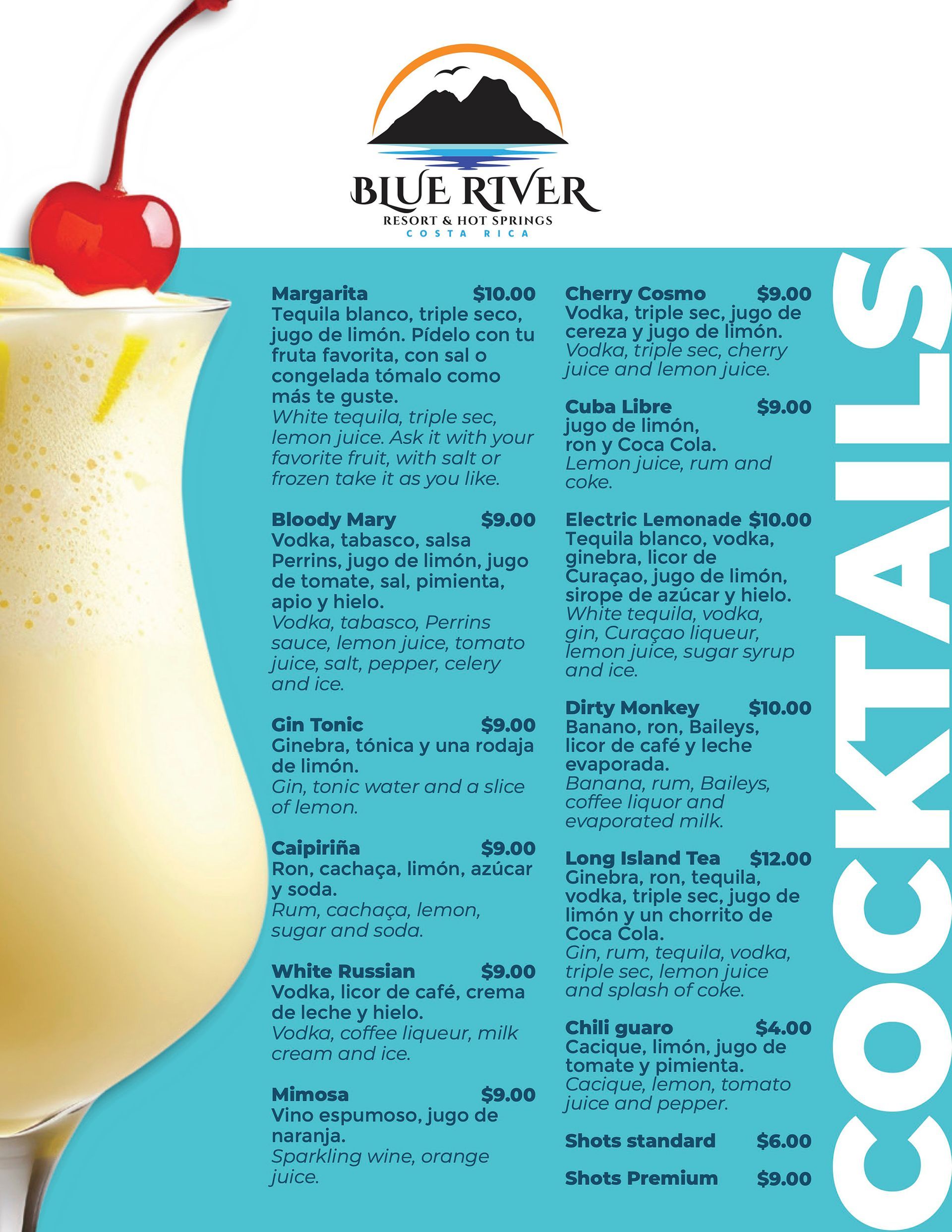 Cocktail menu with tropical drink illustration and the Blue River Resort logo.