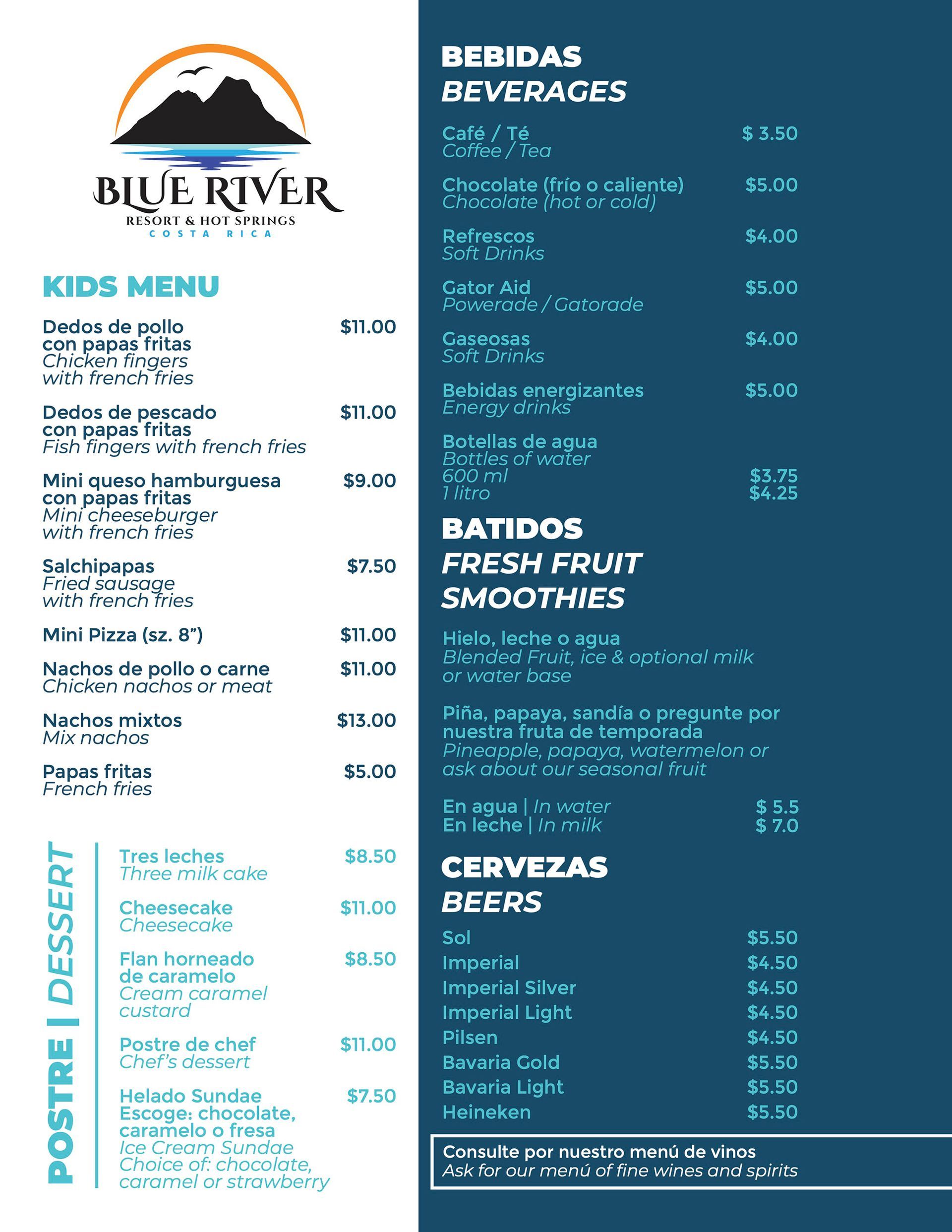 Menu for Blue River Resort with Kids Menu, Beverages, Smoothies, and Beers on a blue background.