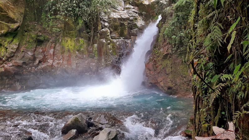 Waterfall cascading into a turquoise pool, surrounded by lush green foliage and rocky cliffs.