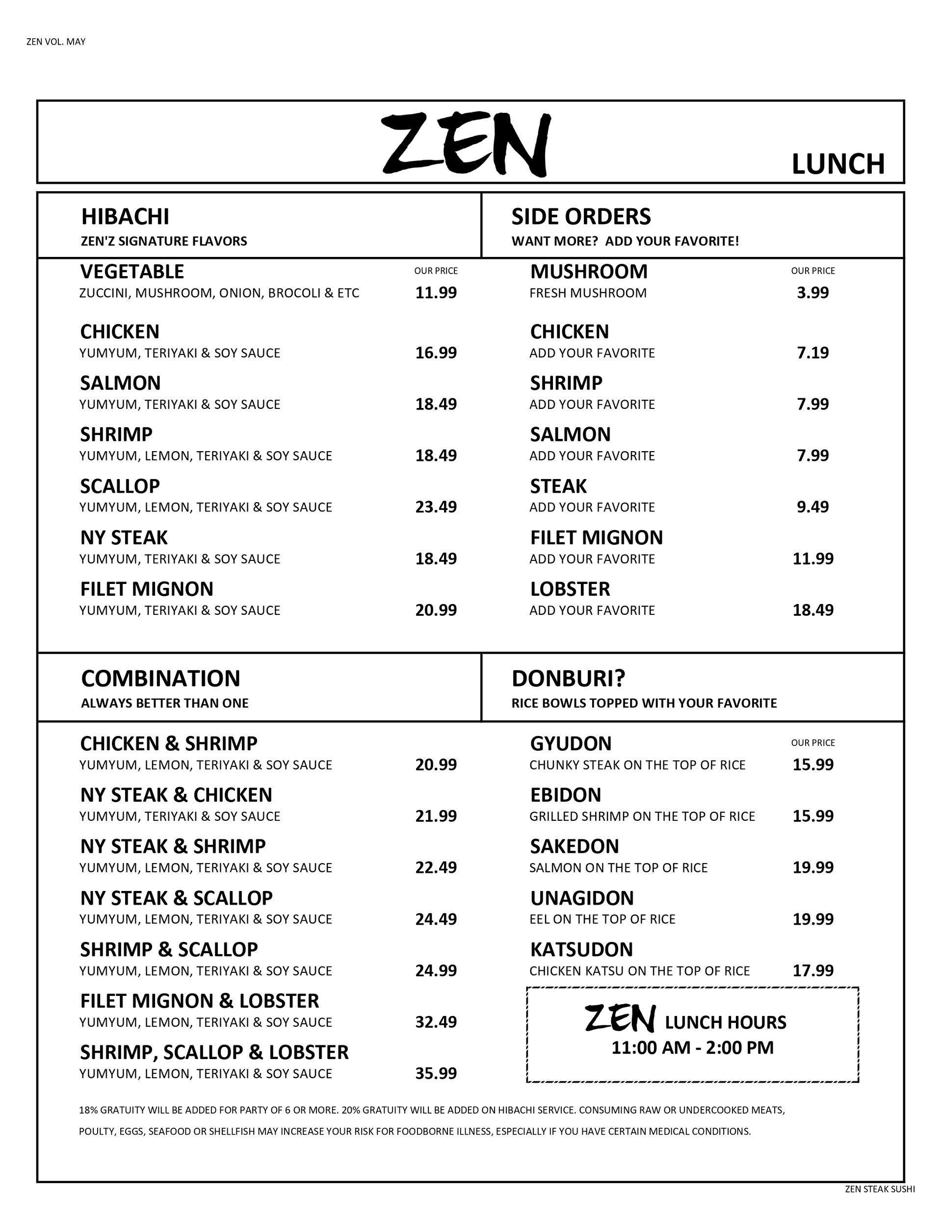 Hibachi Menu Zen Steak & Sushi