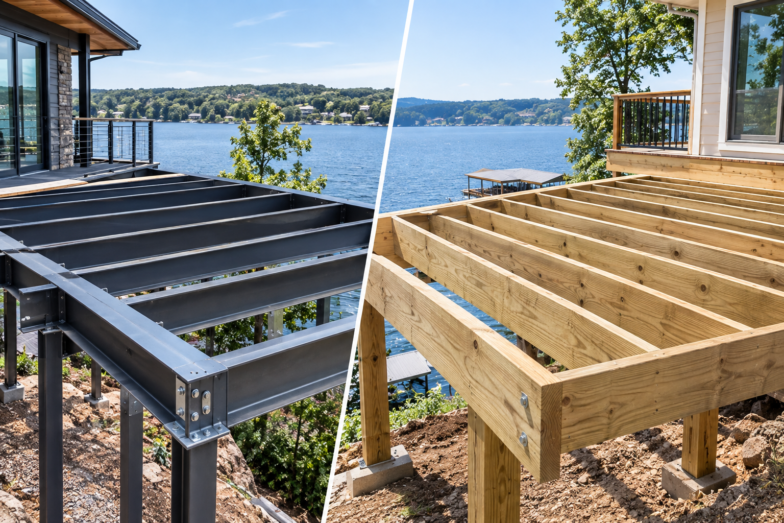 Wooden deck frames under construction by a lakeside home, with finished black and unfinished wood sections