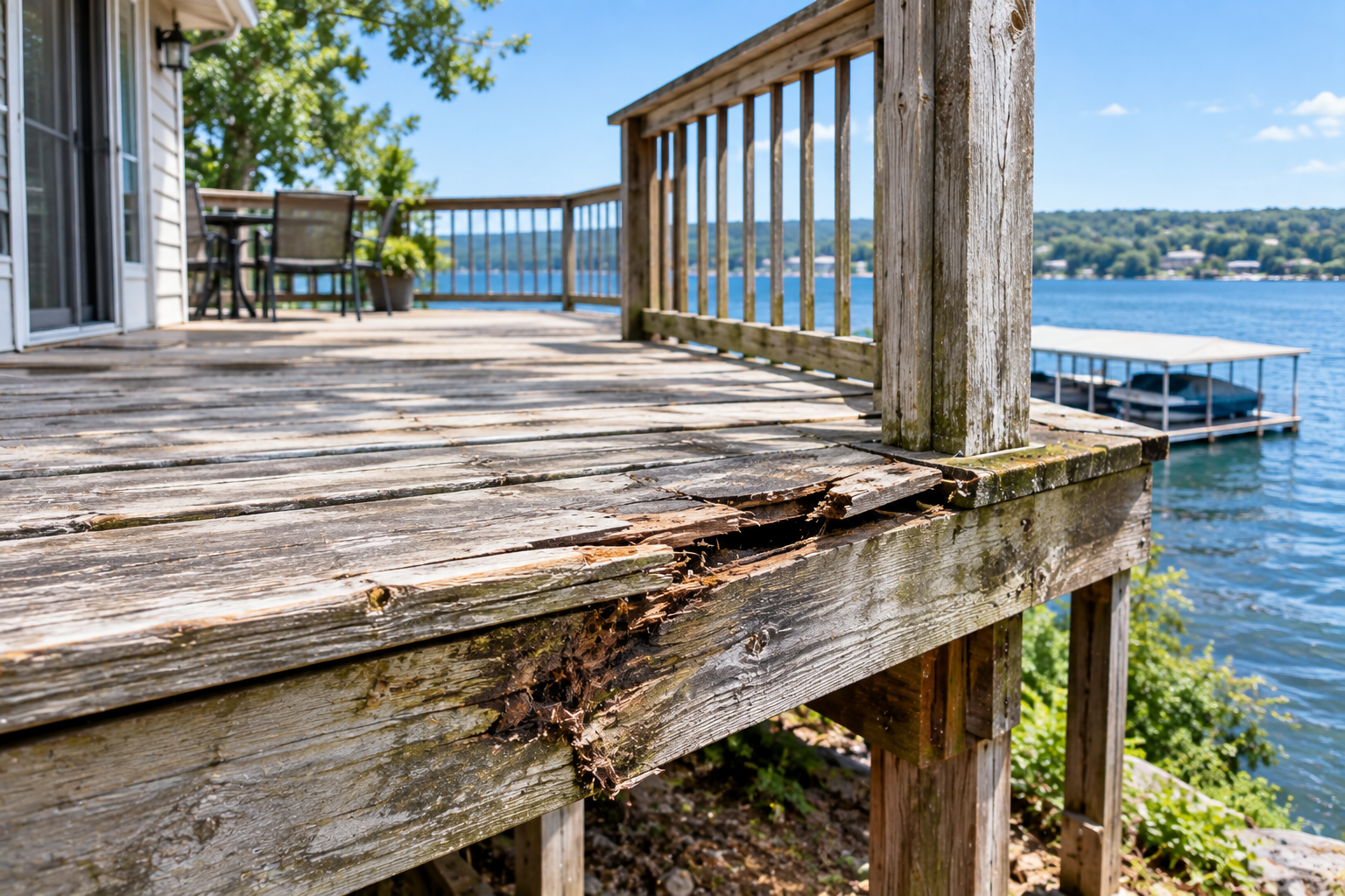 Weathered wooden deck overlooking a blue lake with railing and shoreline in the distance