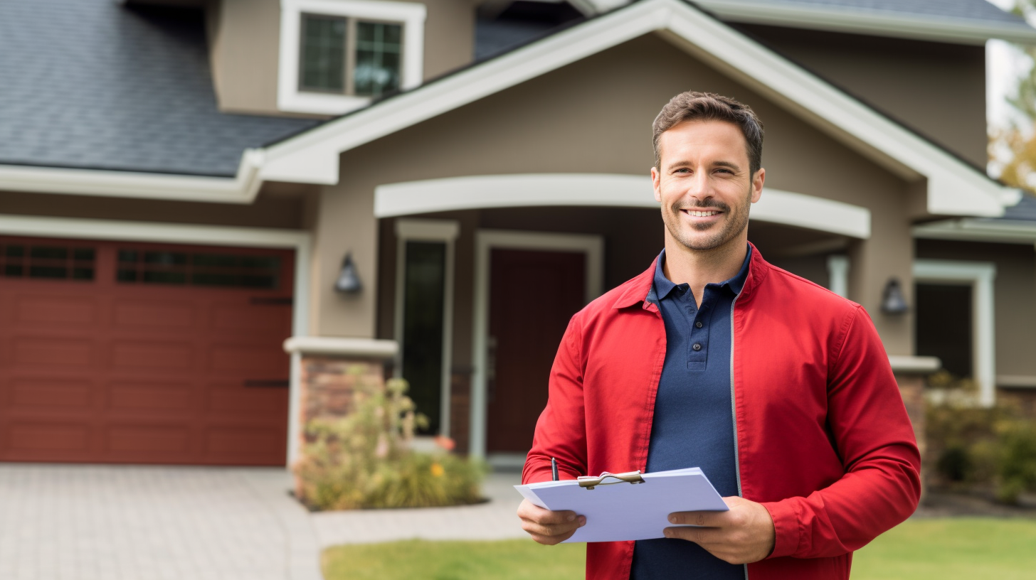 Smiling real estate agent holding a clipboard in front of a house with a red garage door