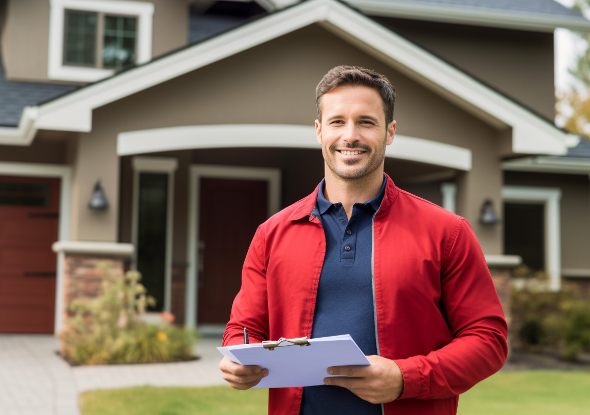 Smiling real estate agent holding a clipboard in front of a house