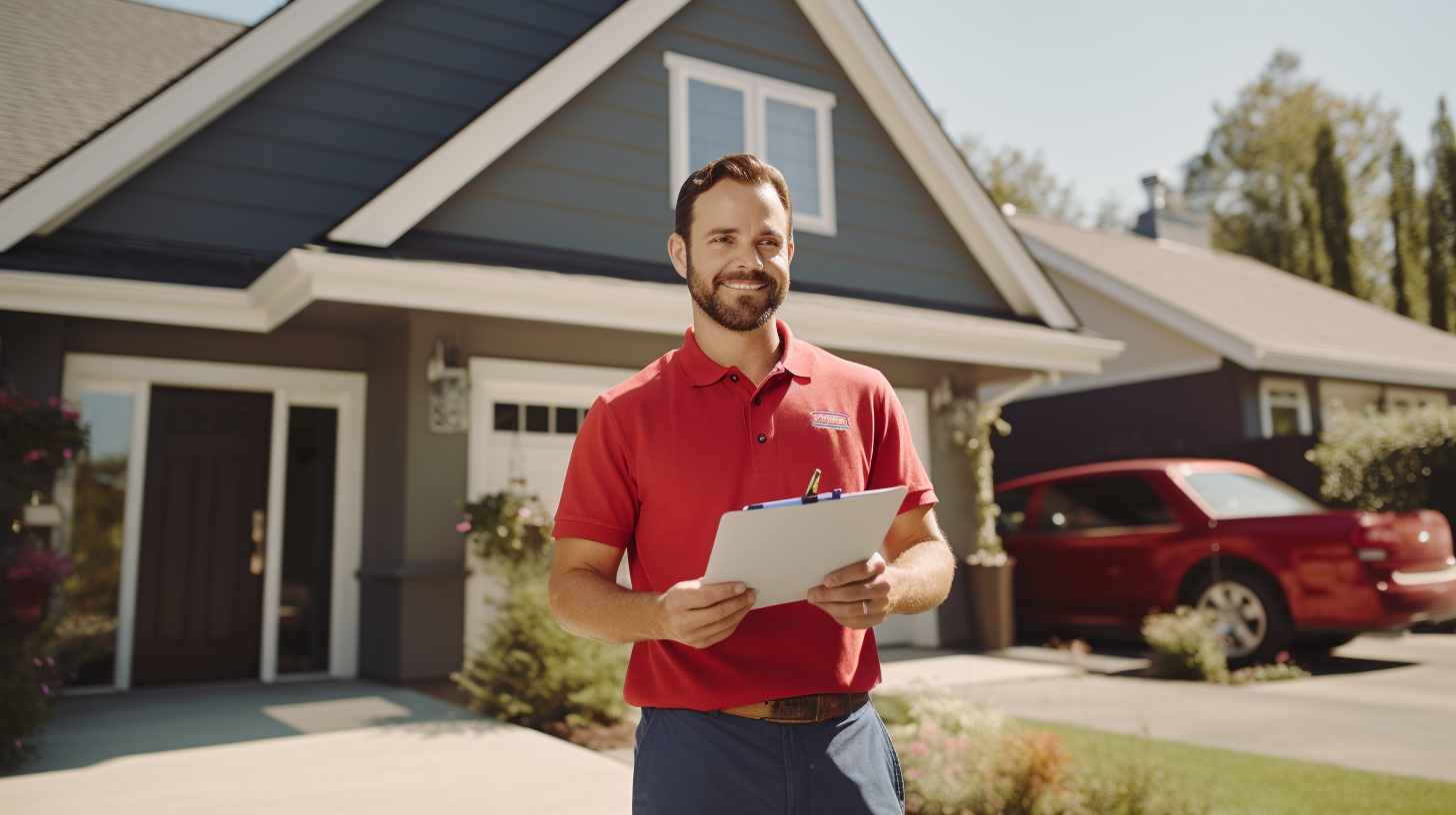 Man in a red polo holds papers outside a suburban house with a red SUV in the driveway