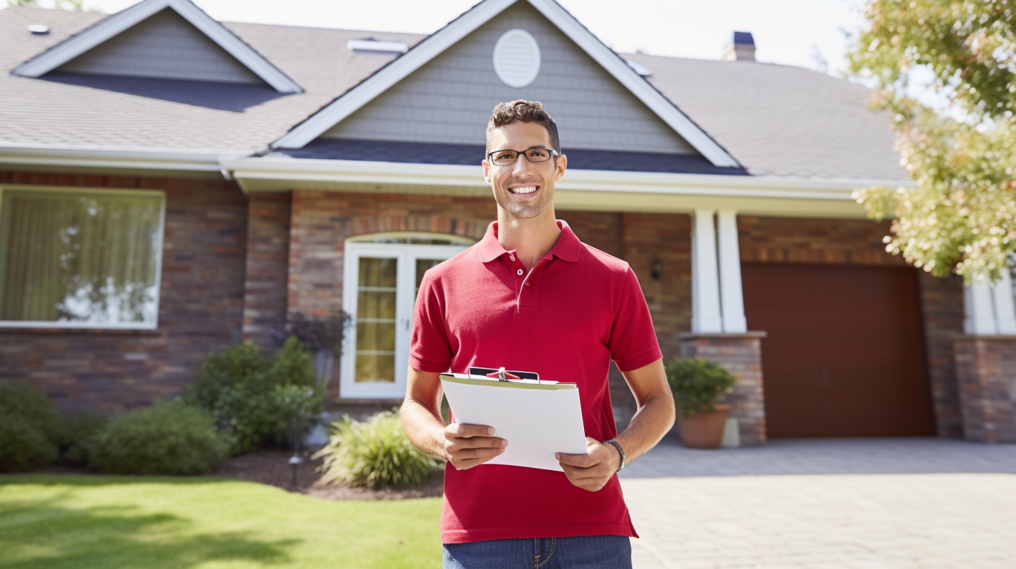 Man holding a clipboard in front of a suburban house, wearing a red shirt and smiling.