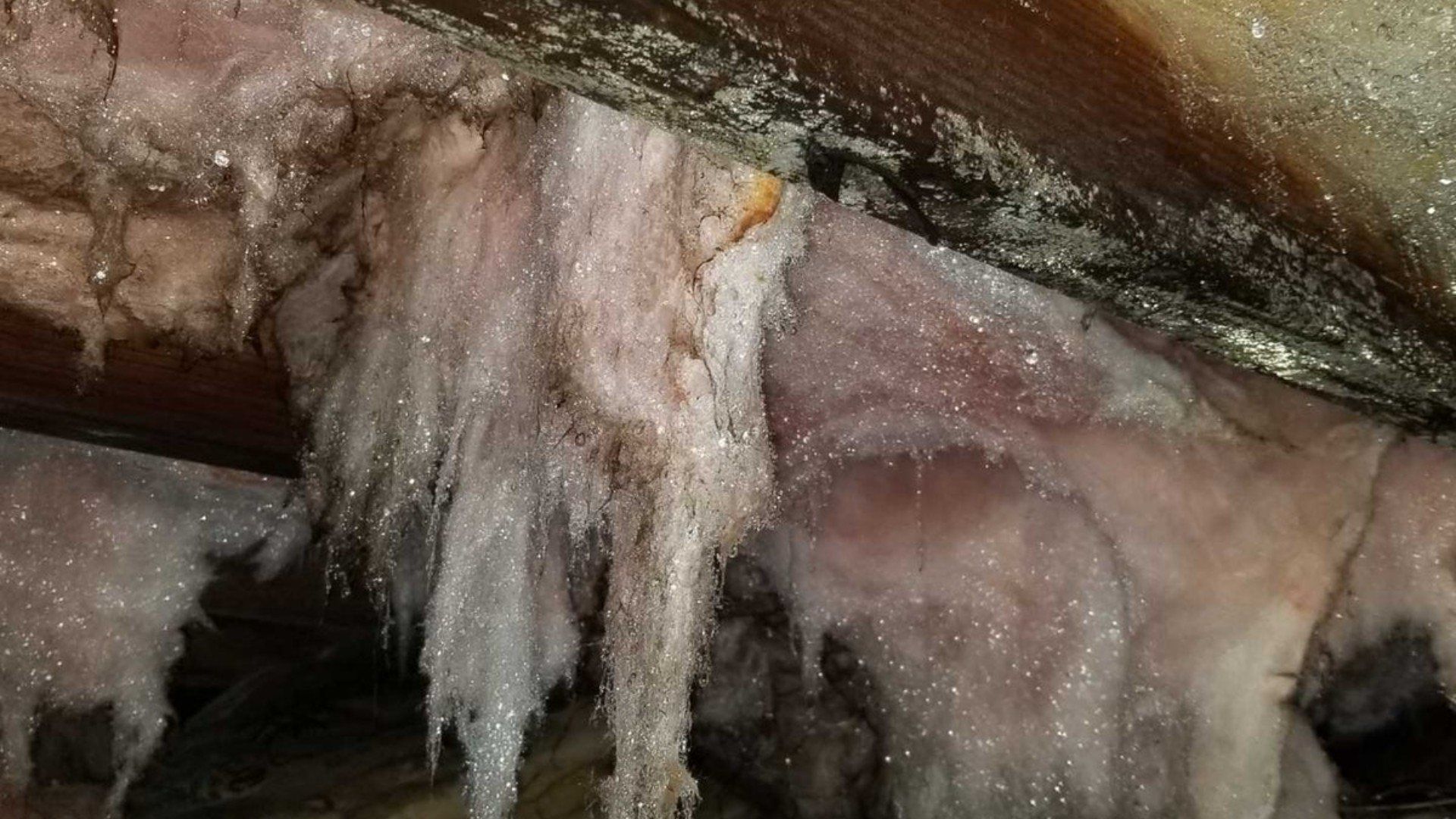 Icicles hanging from a wooden roof with frost-covered insulation in an attic space