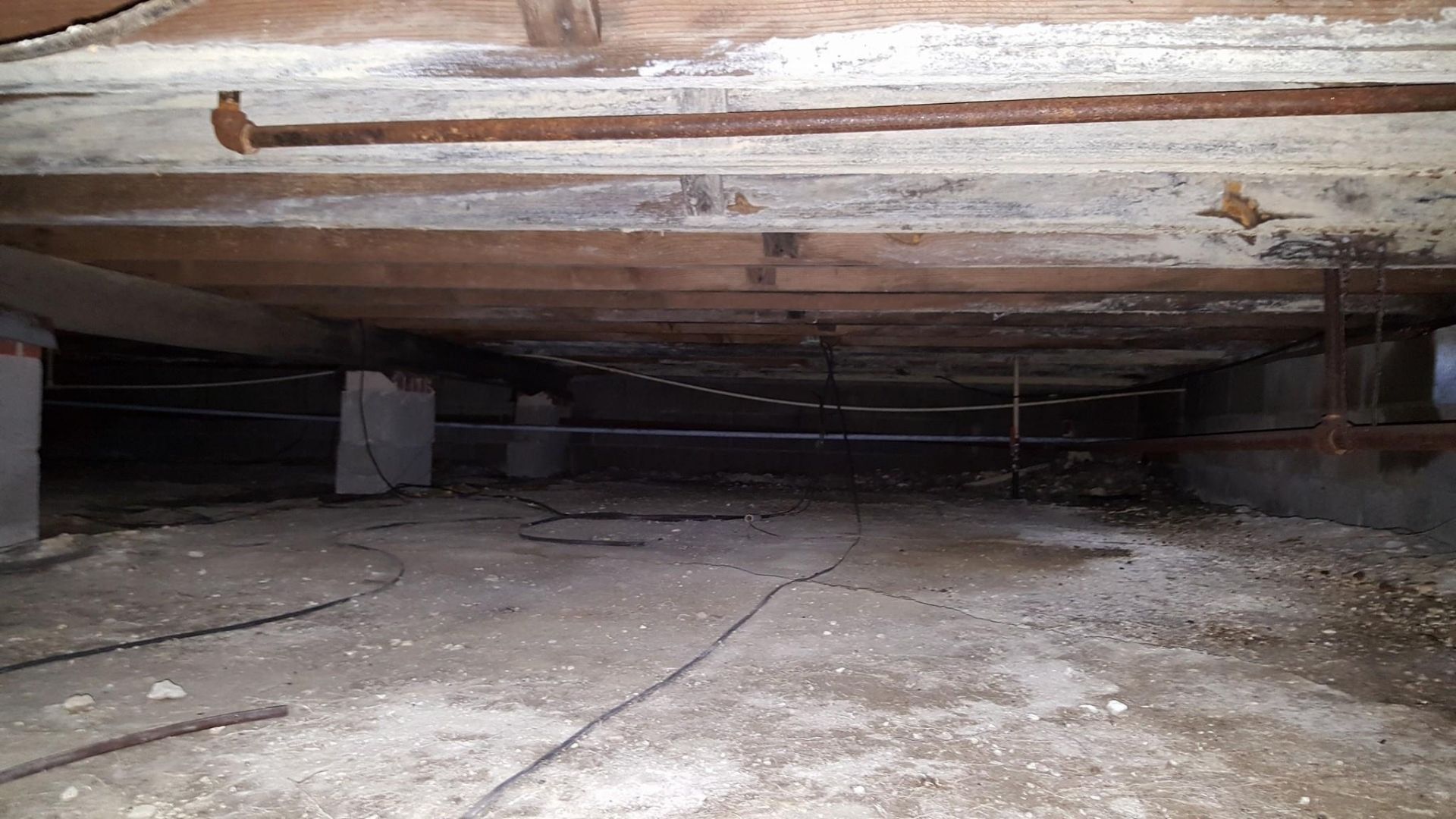 Low crawlspace under a house with exposed wooden beams, concrete floor, and wiring.