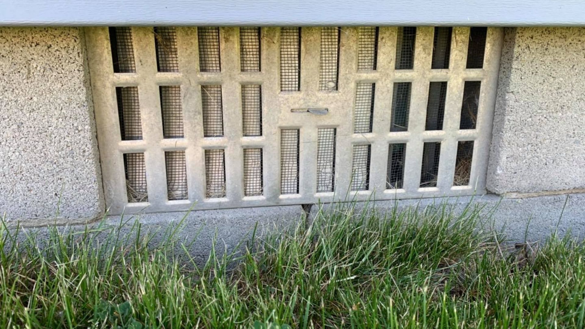 A window with holes in it is sitting in the grass next to a building.