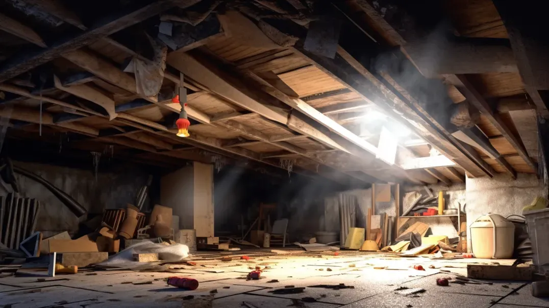 Dusty attic with exposed beams, scattered debris, and bright sunlight streaming through the roof.