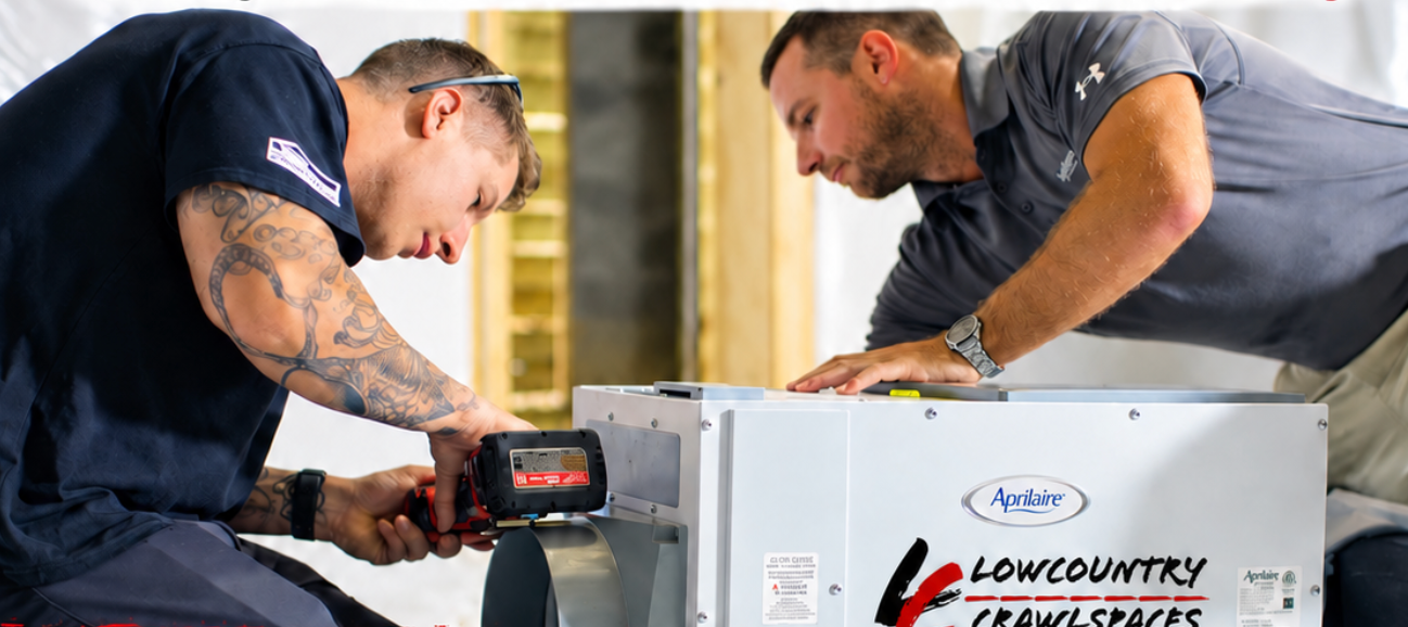 Travis from Lowcountry Crawlspaces servicing a crawl space dehumidifier during an annual maintenance visit