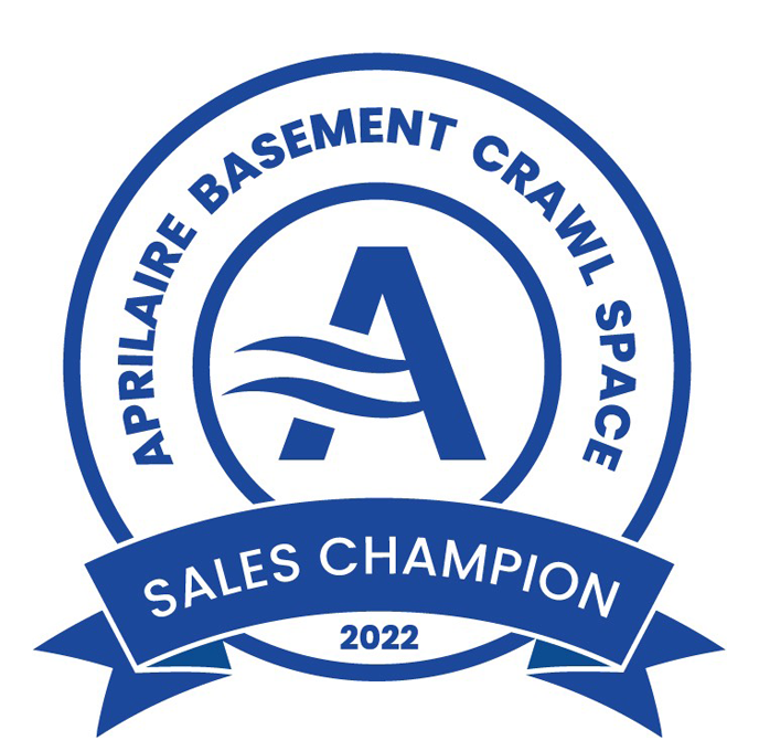 Blue and white Aprilaire Basement Crawl Space Sales Champion 2022 award logo with ribbon and stylized A
