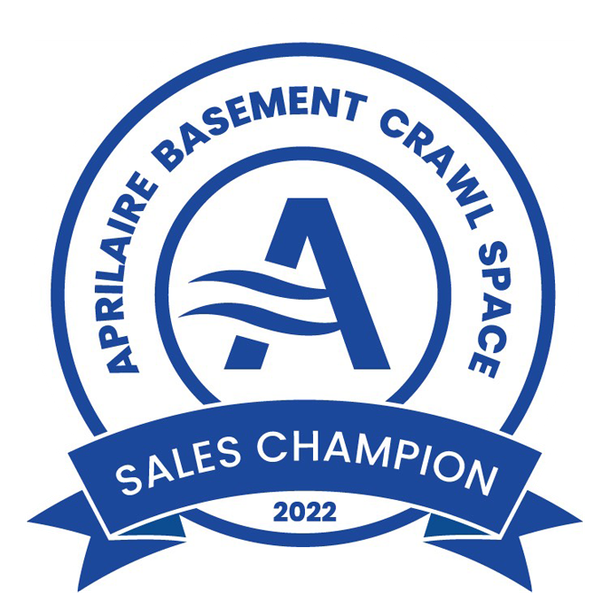 Blue and white Aprilaire Basement Crawl Space Sales Champion 2022 award logo with ribbon and stylized A