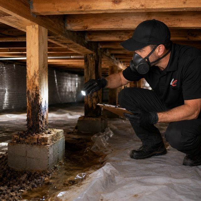 Lowcountry Crawlspaces technician inspecting moisture damage and a compromised crawl space support post