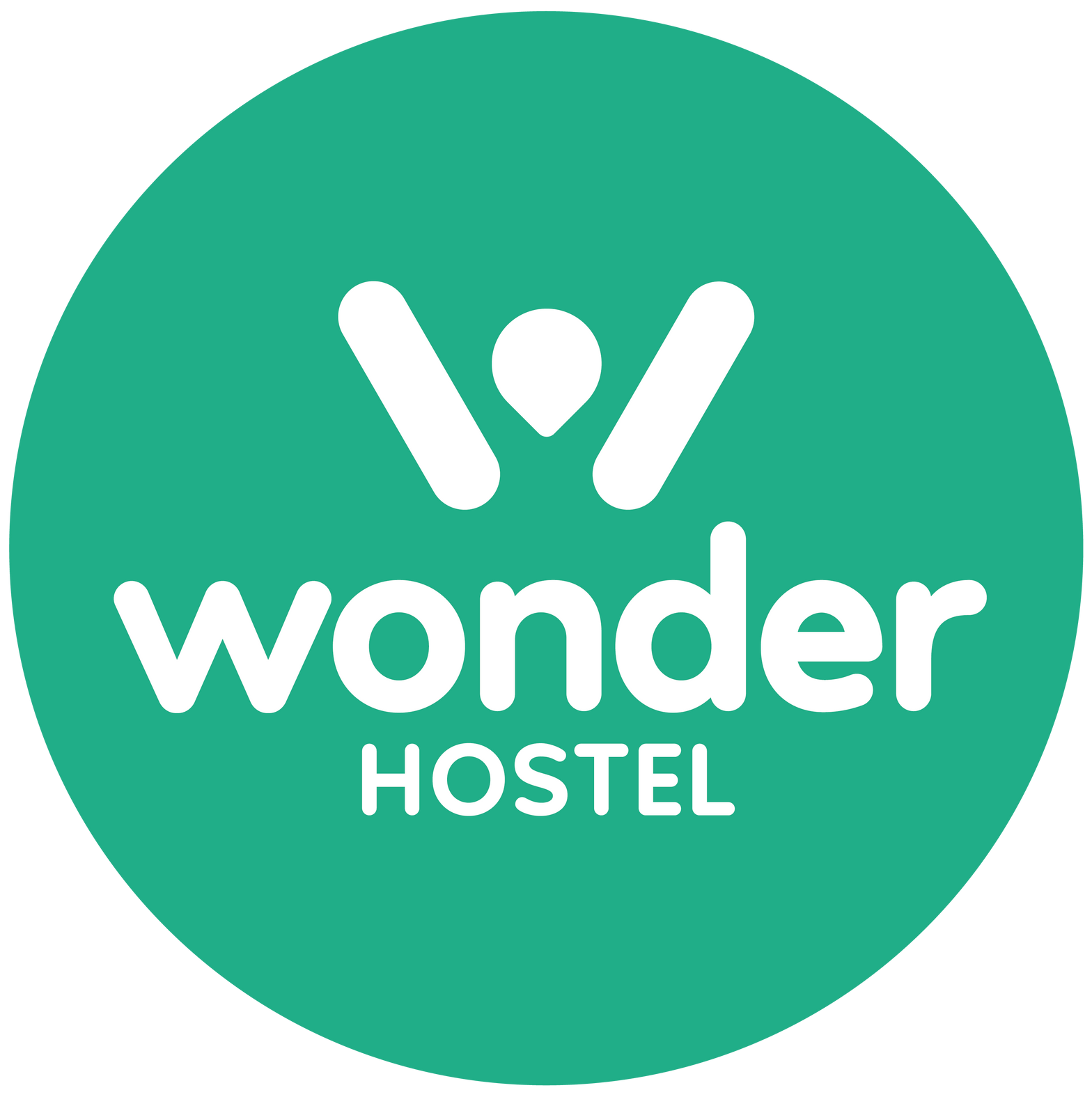 The wonder hostel logo is in a green circle.