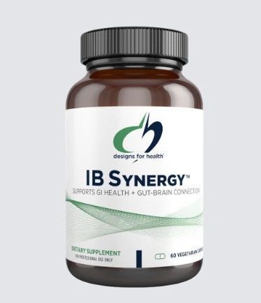 IB Synergy supplement bottle with white label and black cap on a gray background