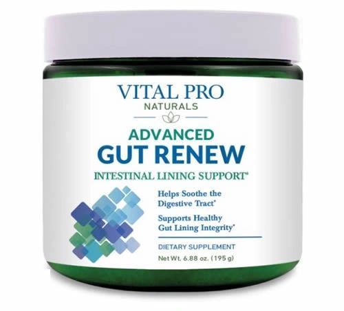 Vitamin Pro Naturals Advanced Gut Renew supplement jar with white lid and green label