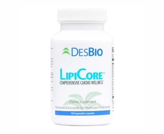 White DesBio LipiCore dietary supplement bottle with teal and blue label on a white background