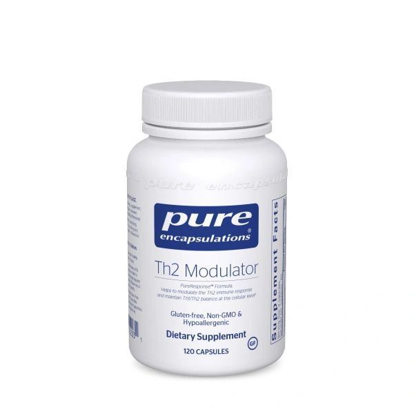 White bottle of Pure Encapsulations Th2 Modulator dietary supplement on a plain background