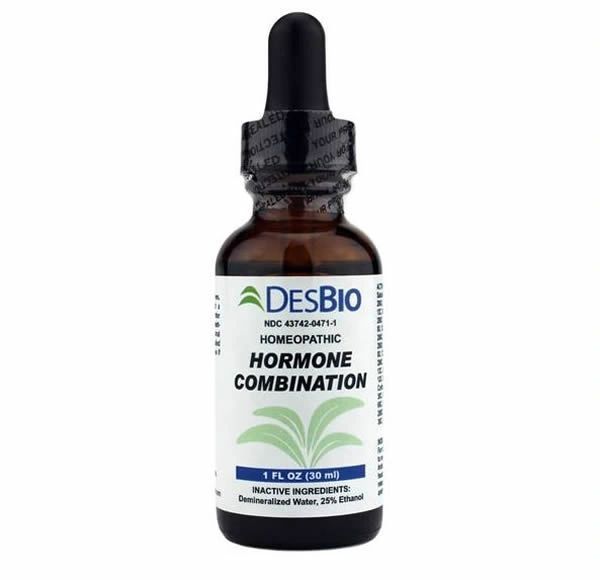 DesBio Homeopathic Hormone Combination dropper bottle with black cap and label on white background