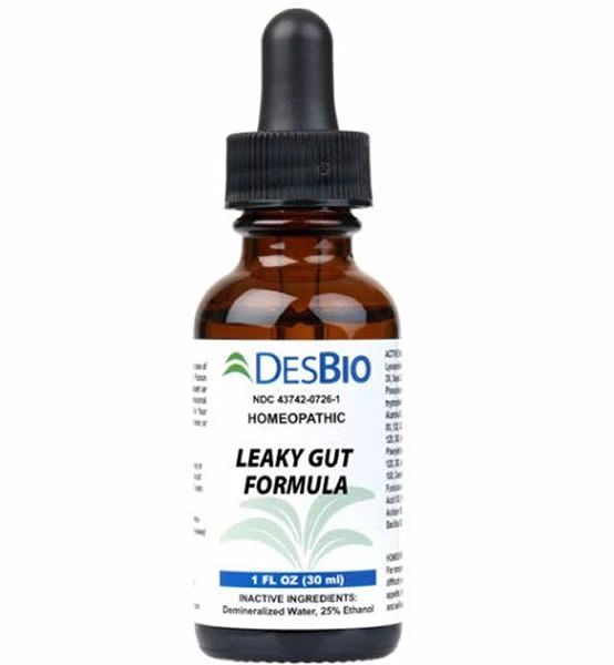 Amber dropper bottle labeled “Leaky Gut Formula” by DesBio on a white background