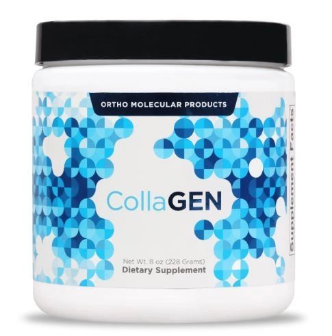 Ortho Molecular Products CollaGen dietary supplement jar with black lid and blue geometric design