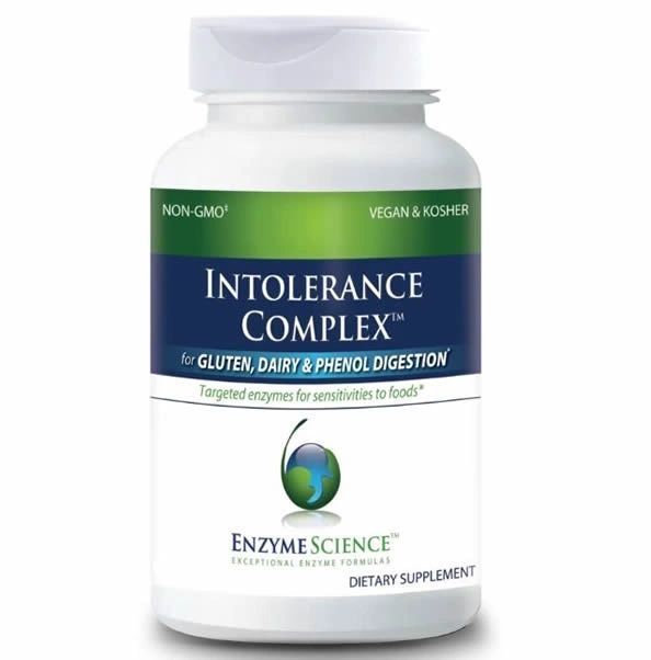 White bottle of Enzyme Science Intolerance Complex dietary supplement with blue and green label