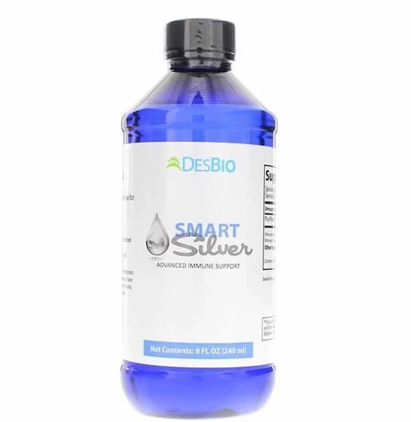 Blue DesBio Smart Silver antimicrobial solution bottle with white label and black cap