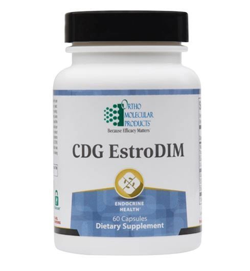 White supplement bottle labeled “CDG EstroDIM” with black cap on a white background