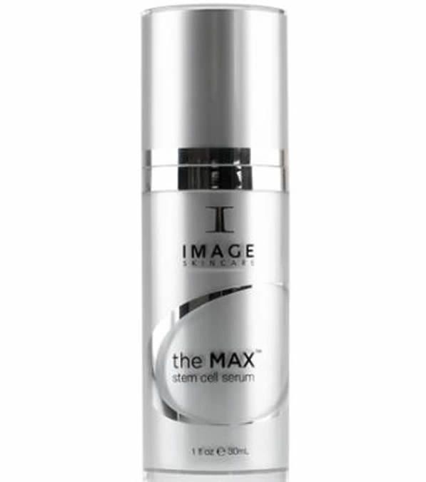 Silver bottle of IMAGE Skincare “the MAX” stem cell serum with pump cap