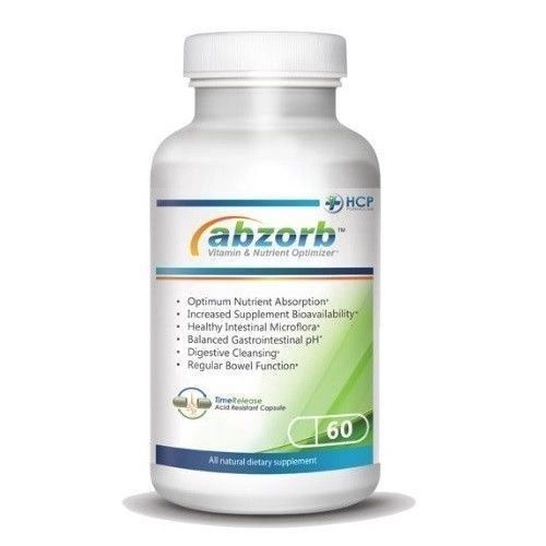 White bottle of Abzorb nutritional supplement with green and gold label on a white background