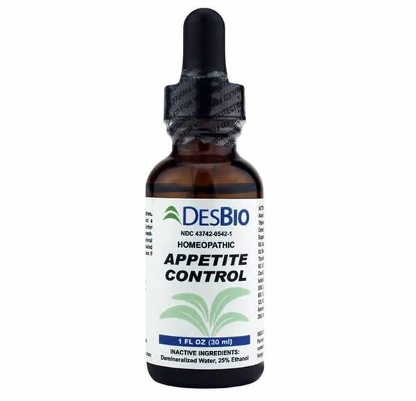 DESBIO homeopathic appetite control drops bottle with dropper, white label and blue accents