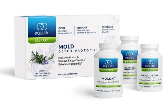 Mold Detox Protocol supplement box and bottles with blue-and-white labels on a white background