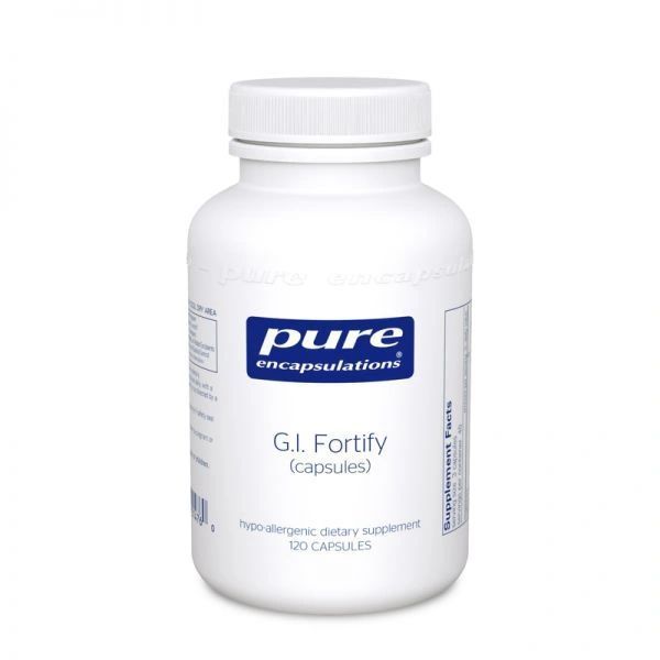 White Pure Encapsulations GI Fortify supplement bottle with a blue label on a white background