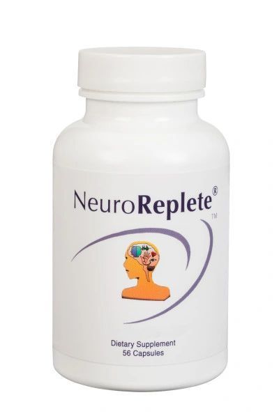 White bottle of NeuroReplete dietary supplement with orange head icon on the label