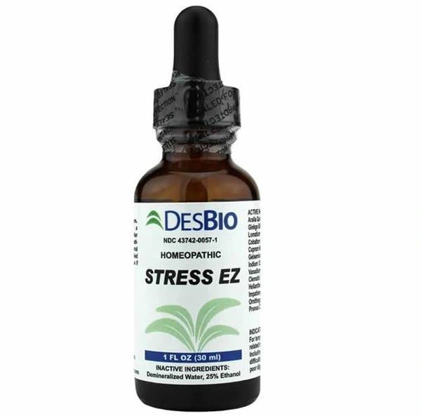 Bottle of DESBIO Homeopathic Stress EZ drops with black dropper cap and white label on a white background