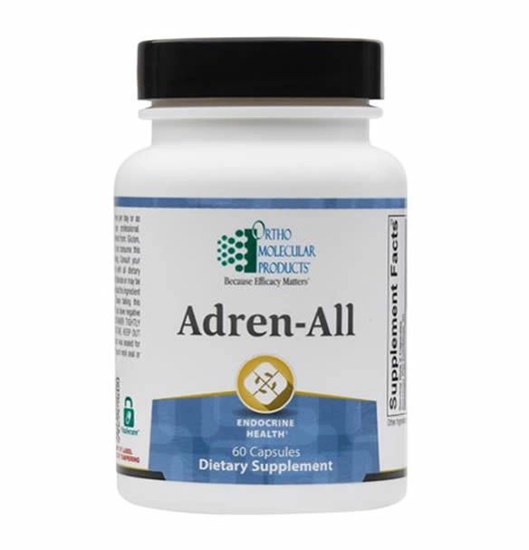 White supplement bottle labeled “Adren-All” with black cap on a plain background