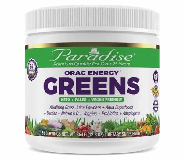 Paradise ORAC Energy Greens dietary supplement jar with green label and white lid