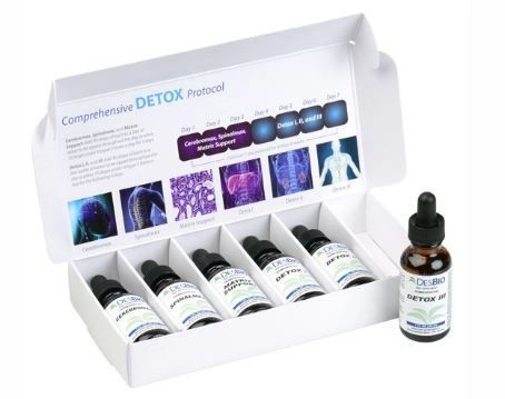 Open white box with DETOX bottles and a dropper vial displayed inside and beside it