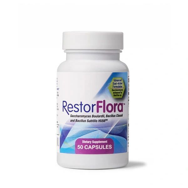 White RestorFlora supplement bottle with blue-purple label, 50 capsules