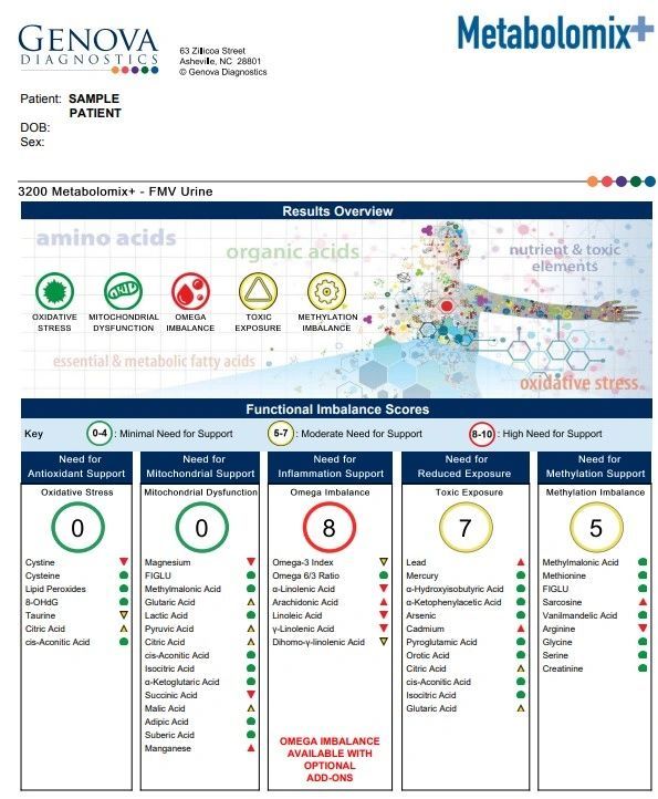Genova Metabolomix results chart showing amino acids, organic acids, and antioxidants with score bars.