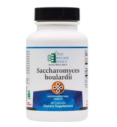White bottle of Saccharomyces boulardii probiotic capsules with black cap on white background