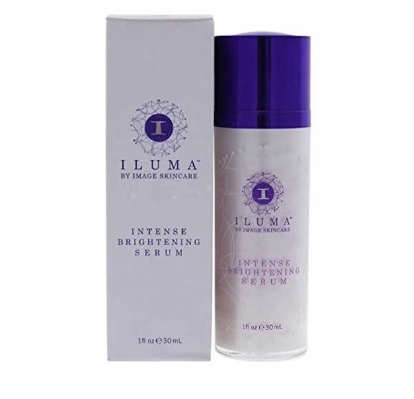 ILUMA Intense Brightening Serum bottle and box, white packaging with purple cap.