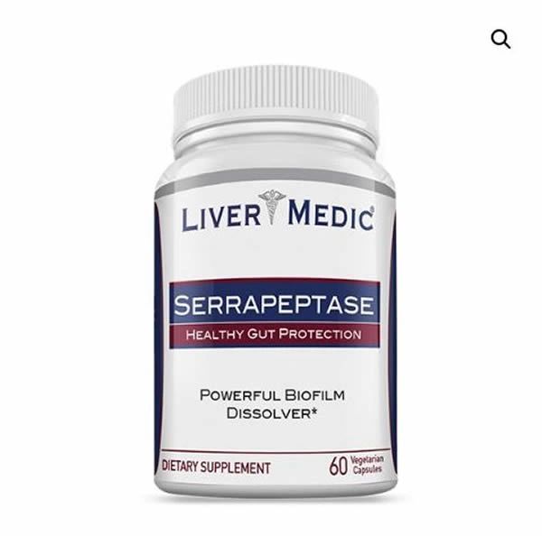 Liver Medic Serrapeptase supplement bottle, white label with purple accents, 60 capsules