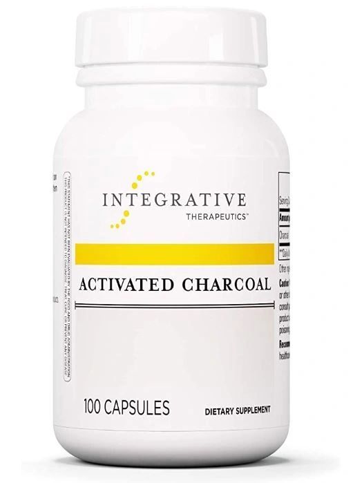 White bottle of Integrative Therapeutics Activated Charcoal dietary supplement, 100 capsules.