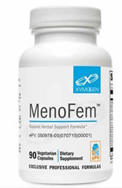 White bottle of MenoFem dietary supplement with blue logo and green leaf design
