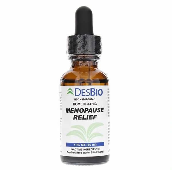 DesBio Menopause Relief homeopathic drops in amber glass bottle with black dropper
